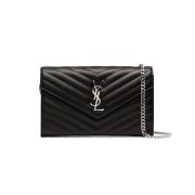 Saint Laurent Chain-strap YSL-plaque grained-leather wallet