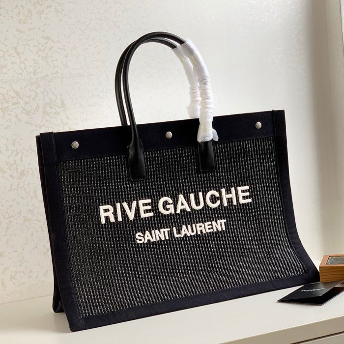 RIVE GAUCHE LARGE TOTE BAG IN EMBROIDERED RAFFIA AND LEATHER - Image 2