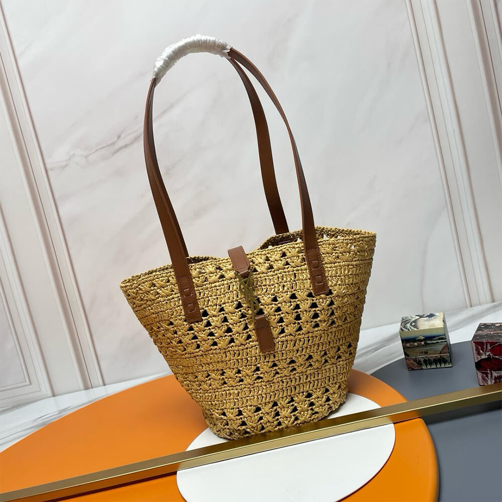 2-83-5.jpg YSL Small Panier Raffia Bag In Brown - Image 2