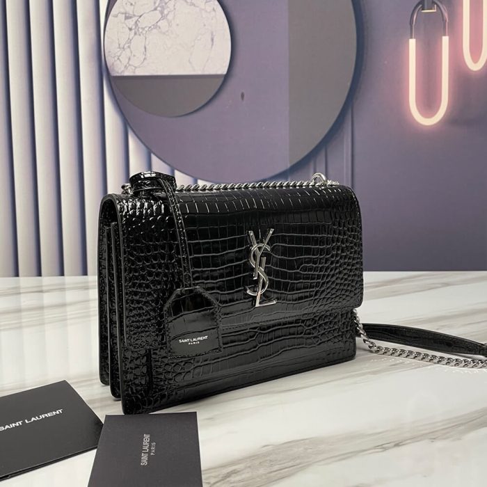 SUNSET MEDIUM CHAIN BAG IN CROCODILE-EMBOSSED SHINY LEATHER - Image 3