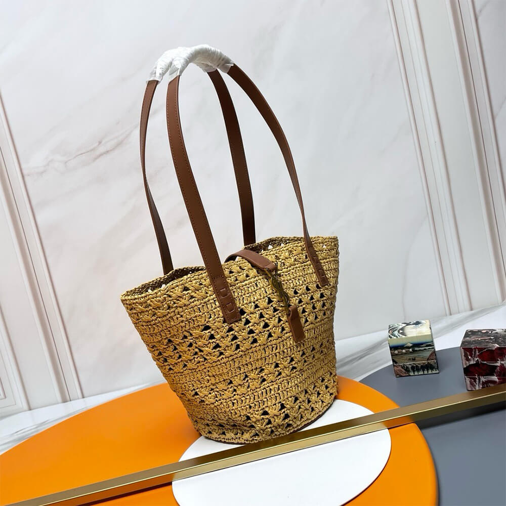 3-84-6.jpg YSL Small Panier Raffia Bag In Brown - Image 3
